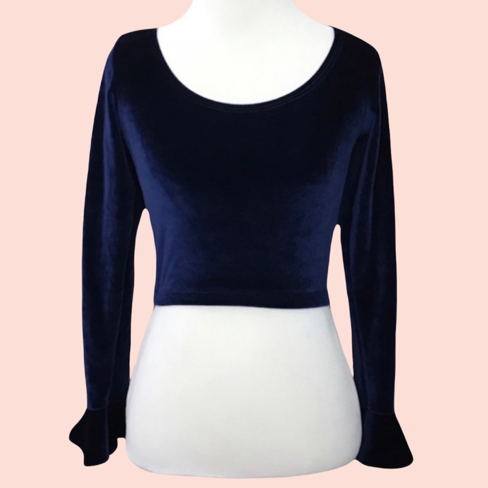 Vintage navy velvet crop top with bell sleeves